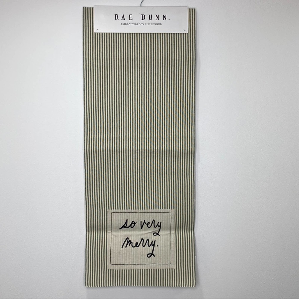 Rae Dunn SO VERY MERRY Embroidered‎ Striped Table Runner NEW